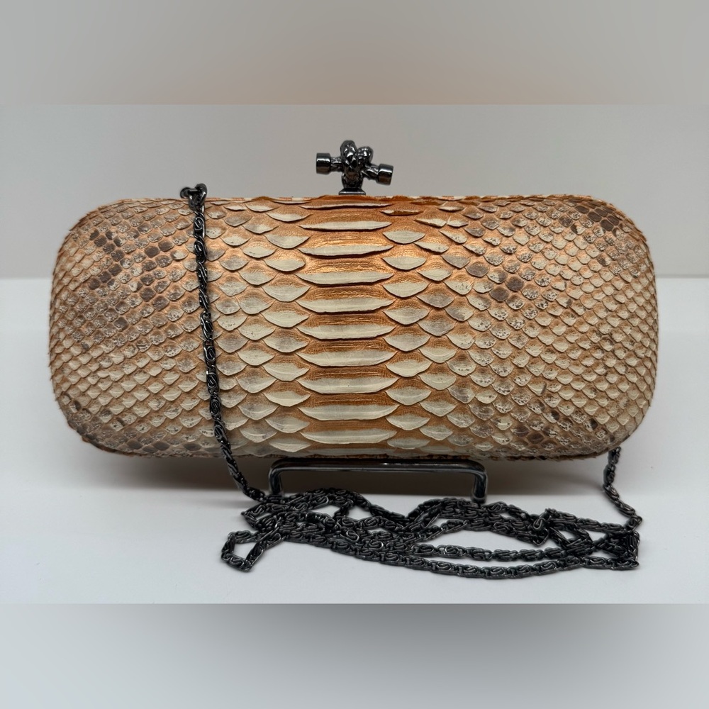 💯 Genuine Snakeskin - Elegant Tan Clutch with Chain